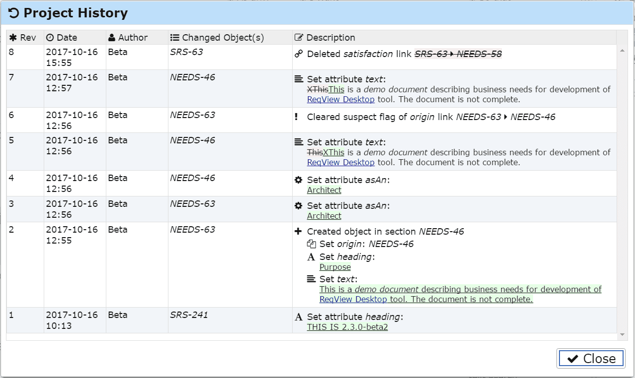 Project History dialog Project History dialog