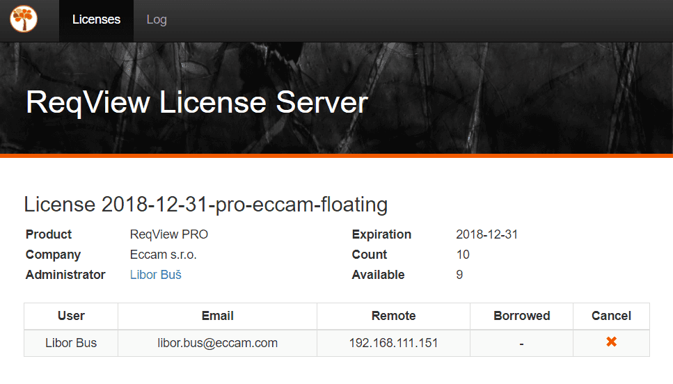 Administration page for the ReqView Floating License Server Administration page for the ReqView Floating License Server