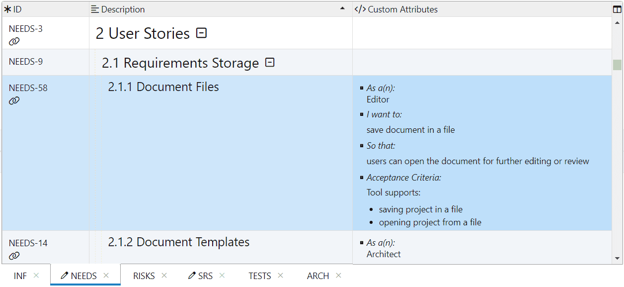 Attributes summary column in ReqView Attributes summary column in ReqView