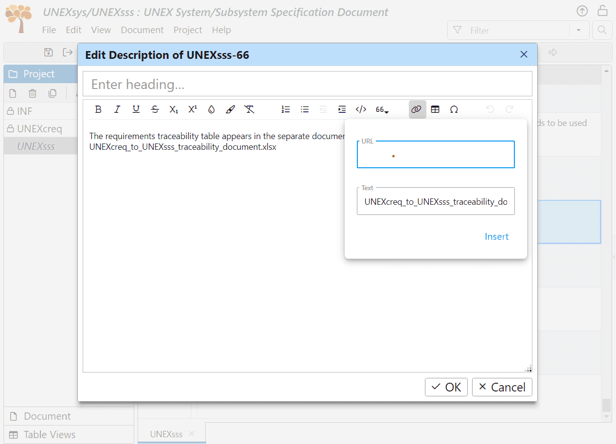 Edit document object description to insert a URL link to an Excel file storing the traceability matrix exported from ReqView