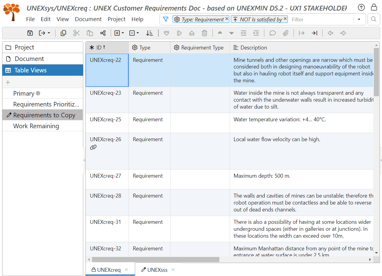 Create table view Requirements to Copy in ReqView