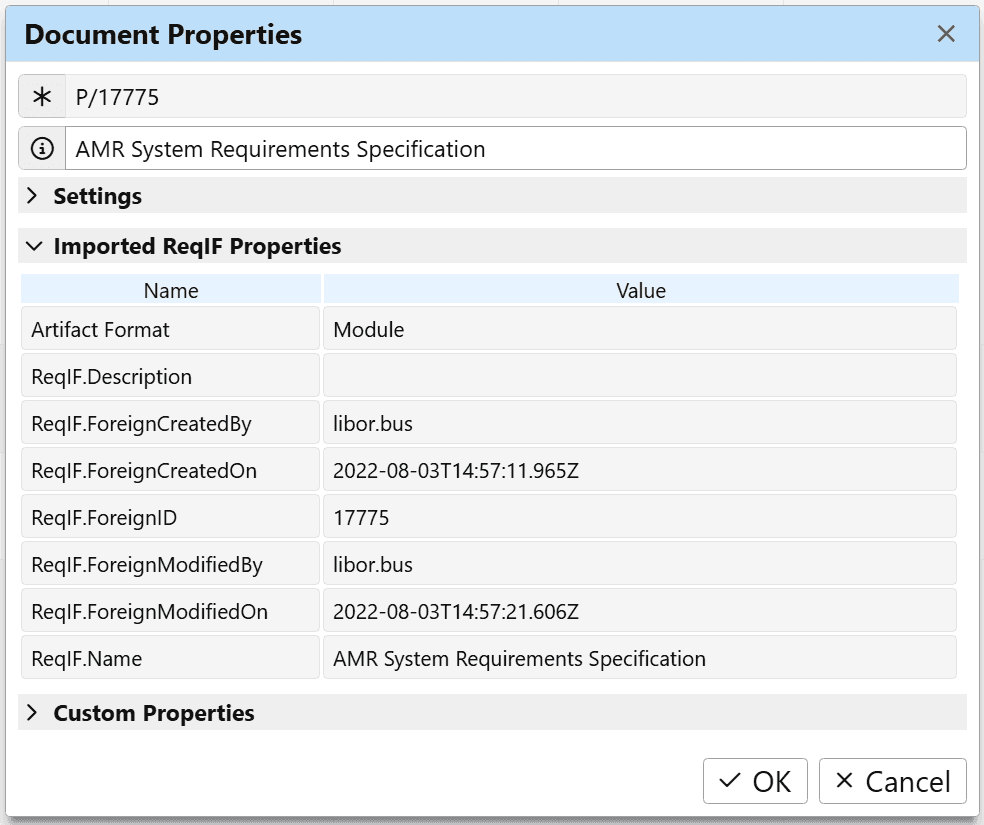 Imported specification attributes