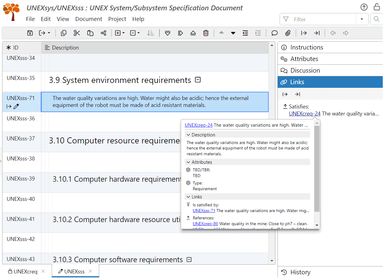 Link the system requirement UNEXsss-71 to its original stakeholder requirement UNEXcreq-24 in ReqView