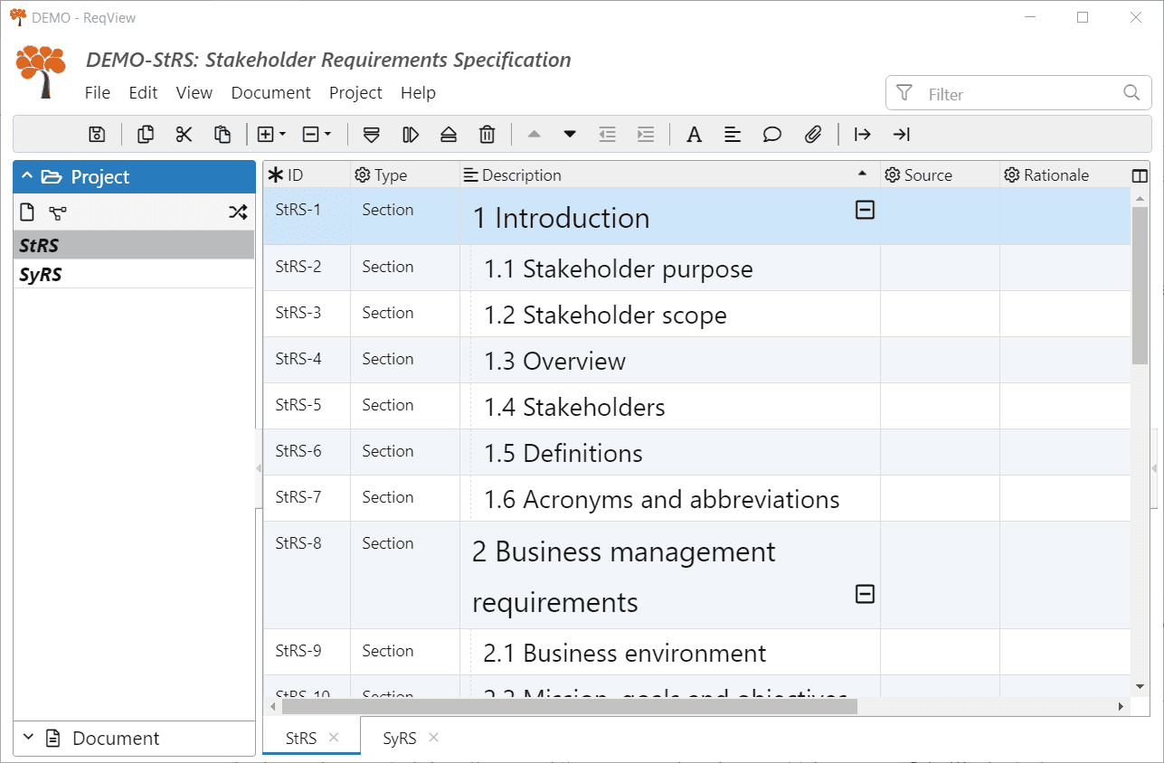 Project pane in ReqView Project pane in ReqView