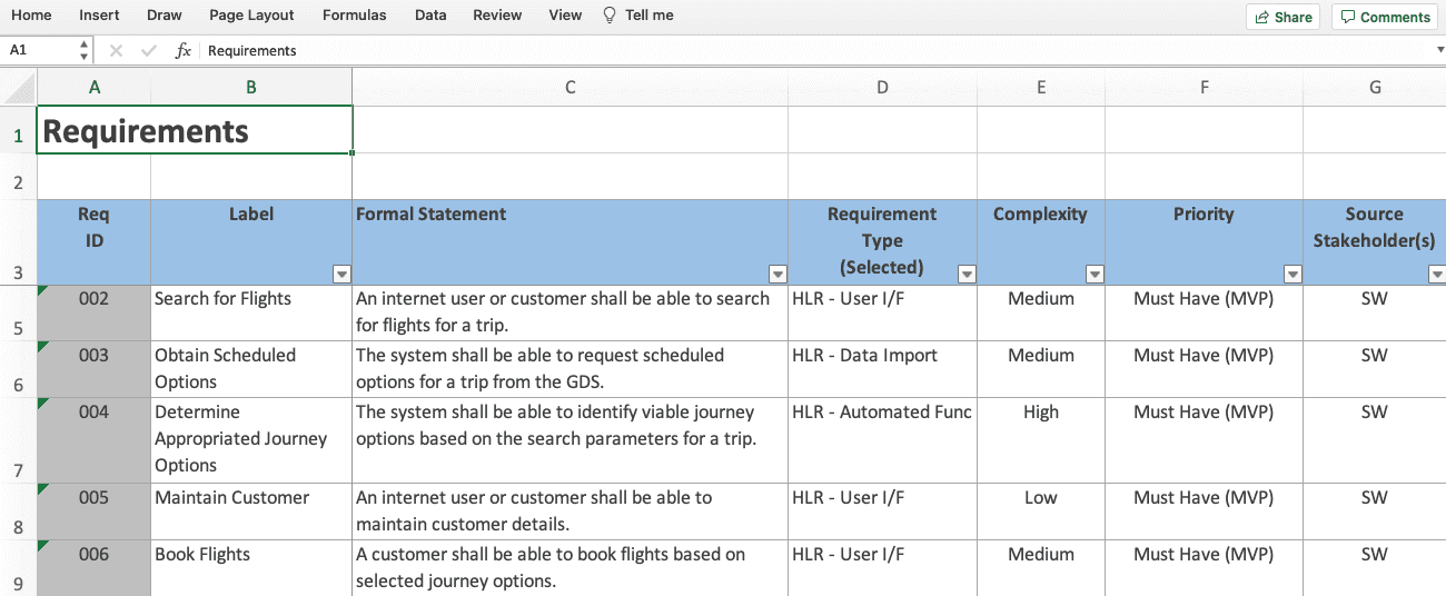 Original Excel File Imported to ReqView Original Excel File Imported to ReqView