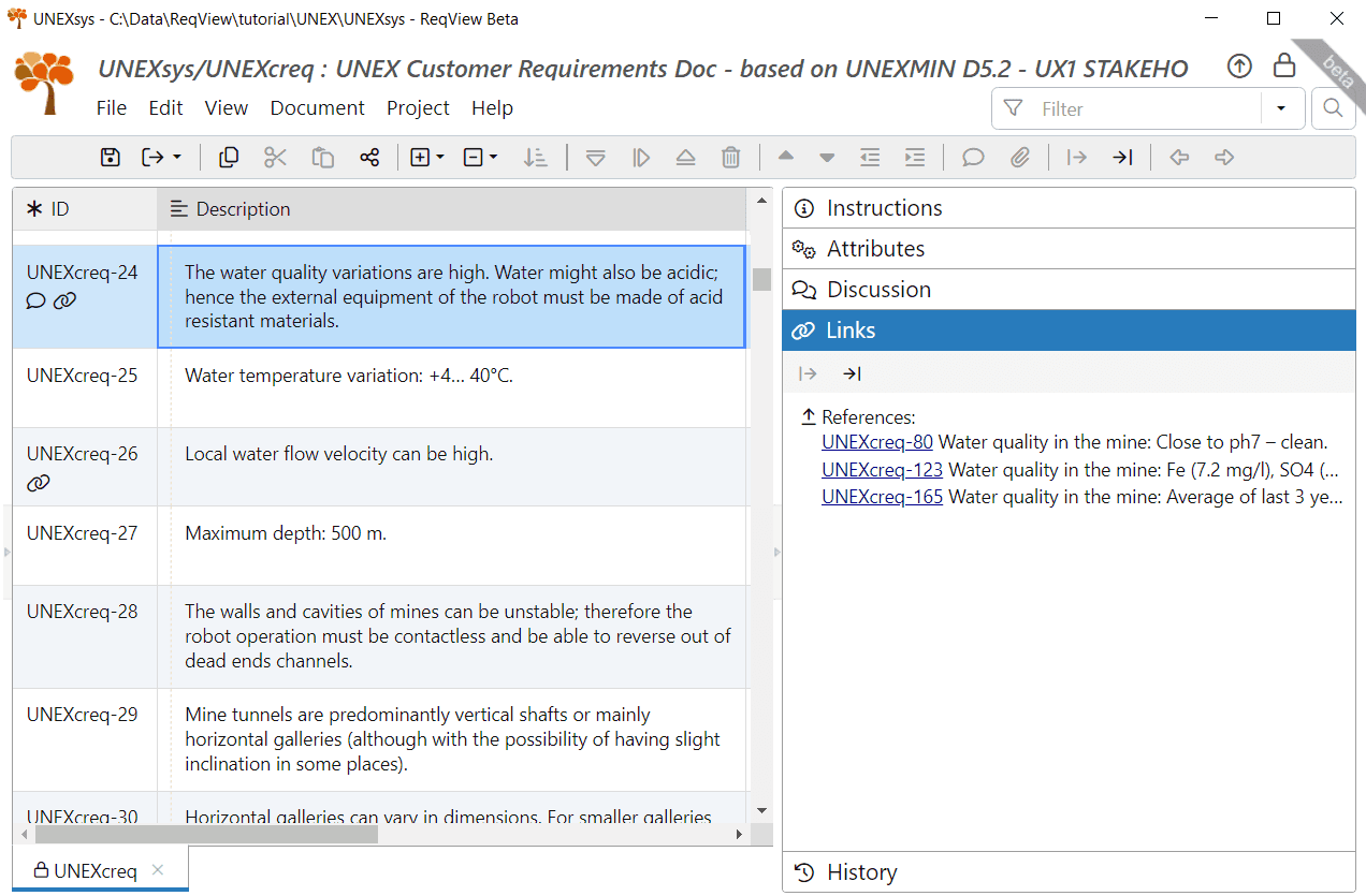 Links pane showing links for stakeholder requirement UNEXcreq-24 in ReqView Links pane showing links for stakeholder requirement UNEXcreq-24 in ReqView