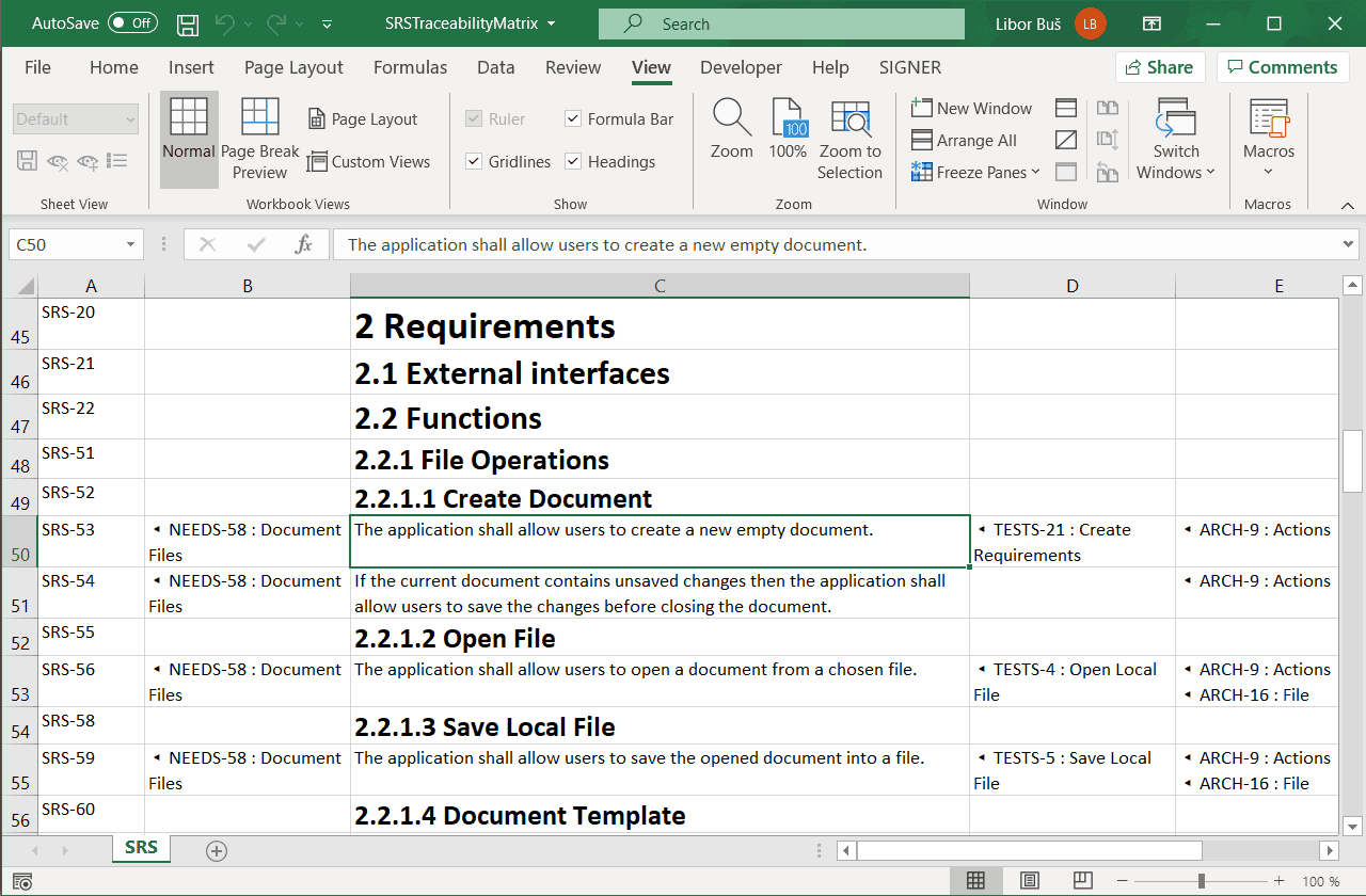 Requirements traceability matrix (RTM) for Software Requirements Specification (SRS) exported from ReqView to Excel Requirements traceability matrix (RTM) for Software Requirements Specification (SRS) exported from ReqView to Excel