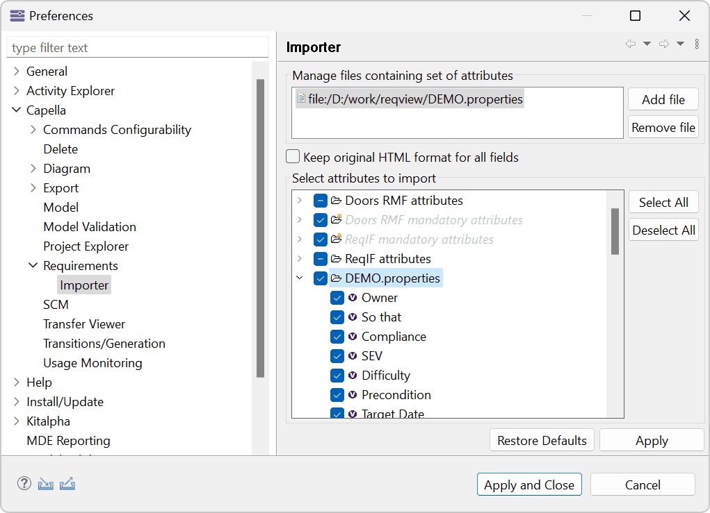 Enable import of custom attributes in Capella