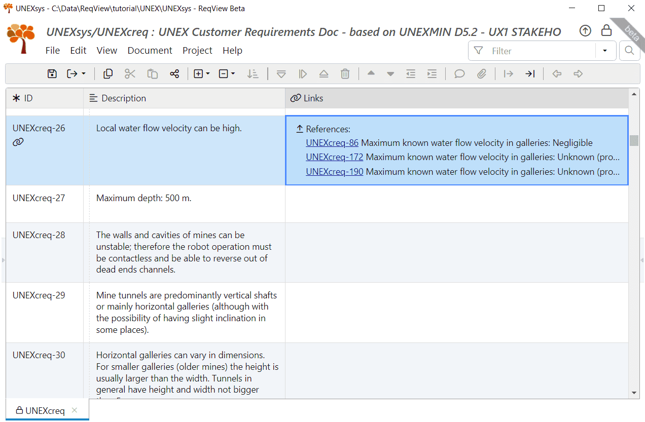 Links column displaying traceability links for the stakeholder requirement UNEXcreq-26 in ReqView Links column displaying traceability links for the stakeholder requirement UNEXcreq-26 in ReqView