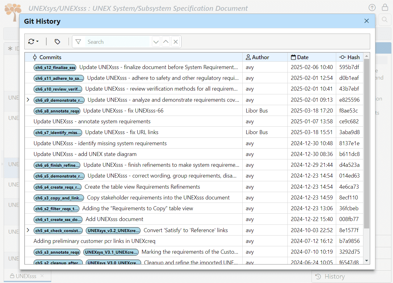 Display the Git history for the UNEX project in ReqView