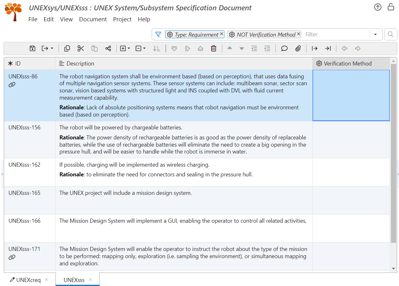 Filter UNEX system requirements without verification method in ReqView
