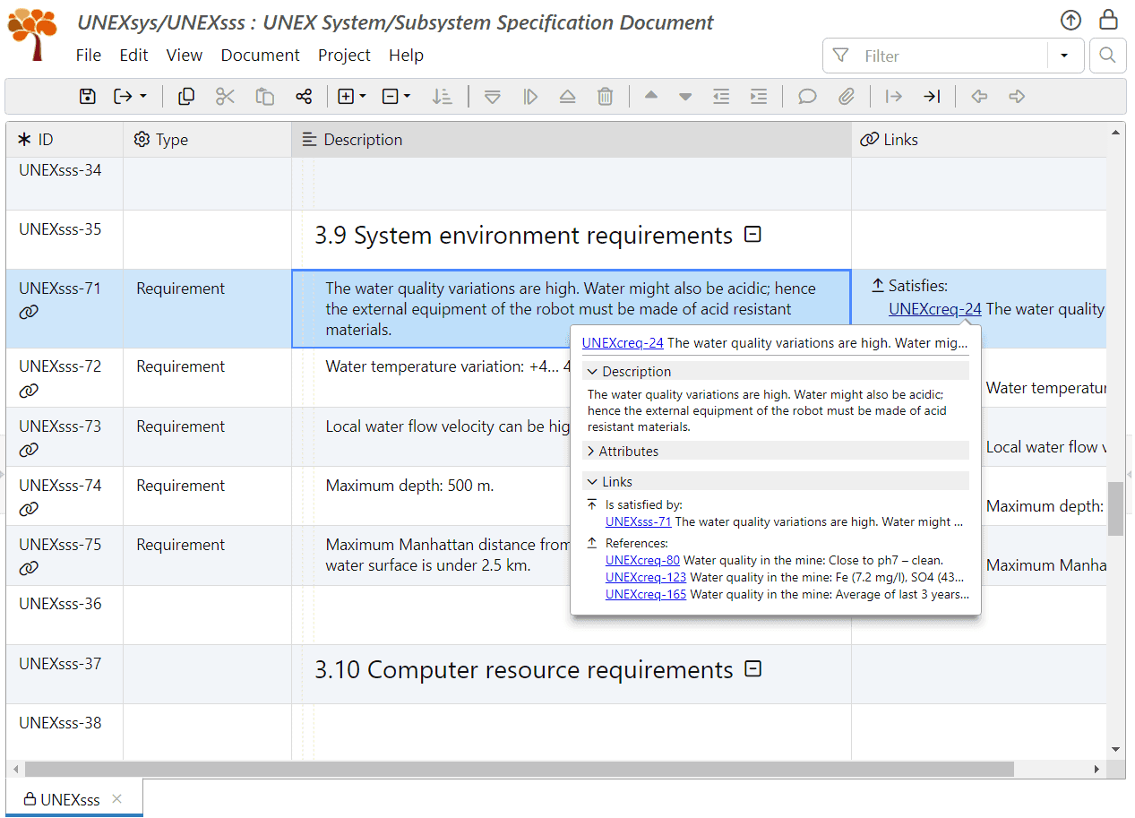 Display popup with links of the original stakeholder requirement UNEXcreq-24 in ReqView