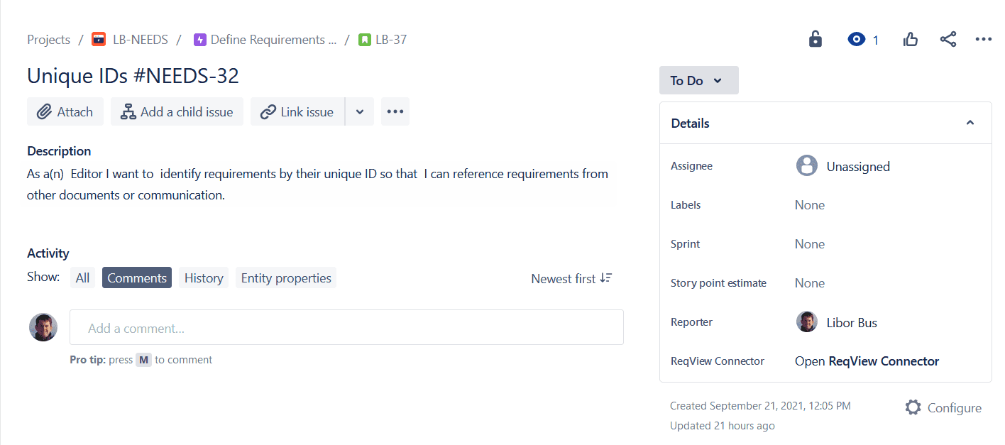 Detailed view of a Jira work item exported from ReqView Detailed view of a Jira work item exported from ReqView