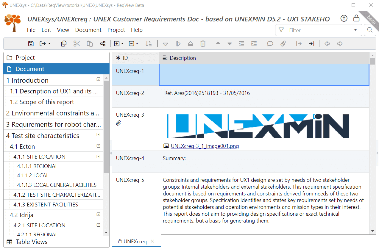 UNEX Stakeholder Requirements imported to in ReqView UNEX Stakeholder Requirements imported to in ReqView