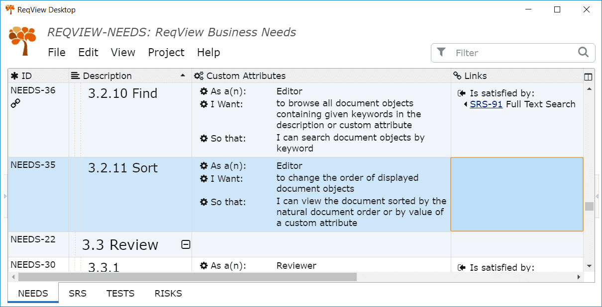 Requirements coverage gaps visible in the Links column Requirements coverage gaps visible in the Links column