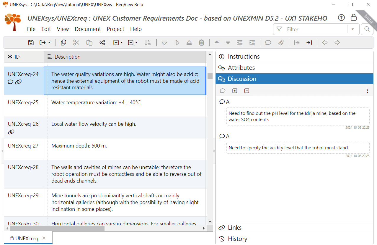 Discussion pane displaying comments for the stakeholder requirement UNEXcreq-24 in ReqView Discussion pane displaying comments for the stakeholder requirement UNEXcreq-24 in ReqView