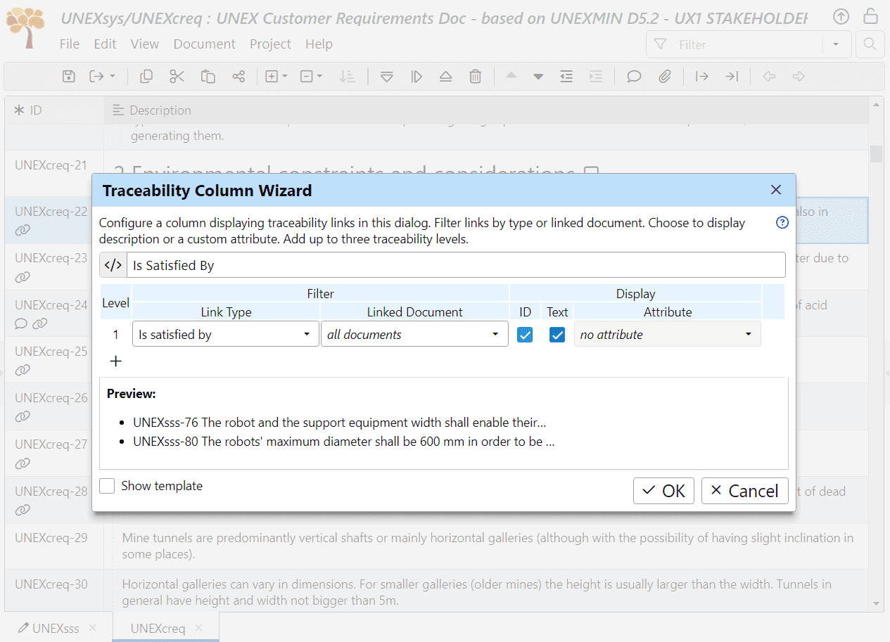 Use the traceability column wizard to add column 'Is Satisfied By' in ReqView