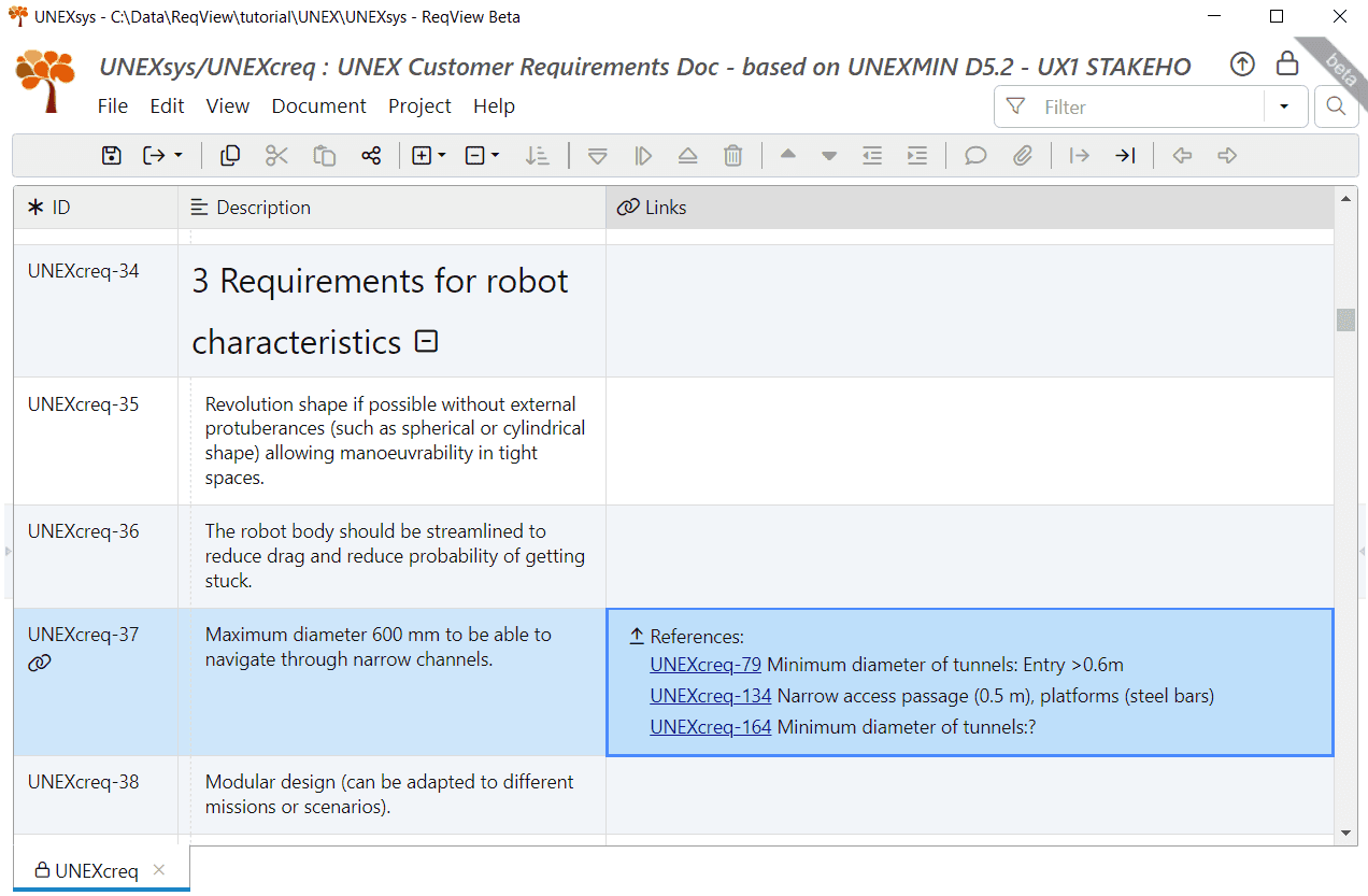 Links column displaying traceability links for the stakeholder requirement UNEXcreq-37 in ReqView Links column displaying traceability links for the stakeholder requirement UNEXcreq-37 in ReqView