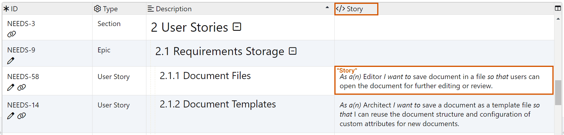 Display of the template column Story in ReqView