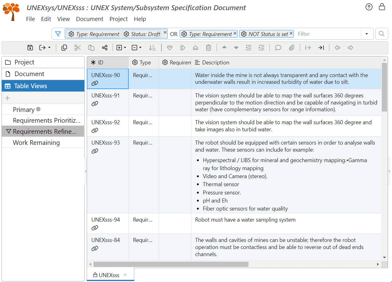 Create table view Requirements Refinements in ReqView