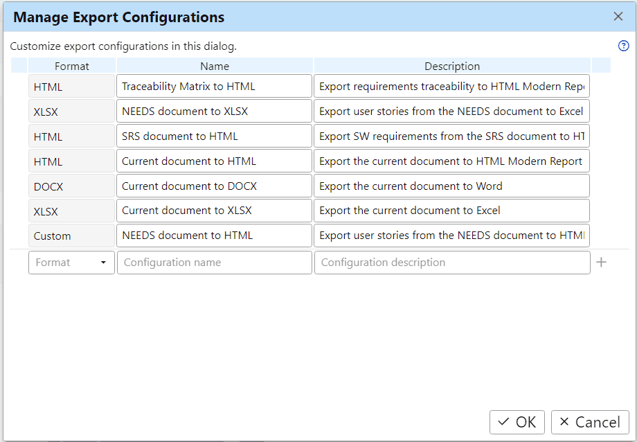 Manage export configurations in ReqView Manage export configurations in ReqView
