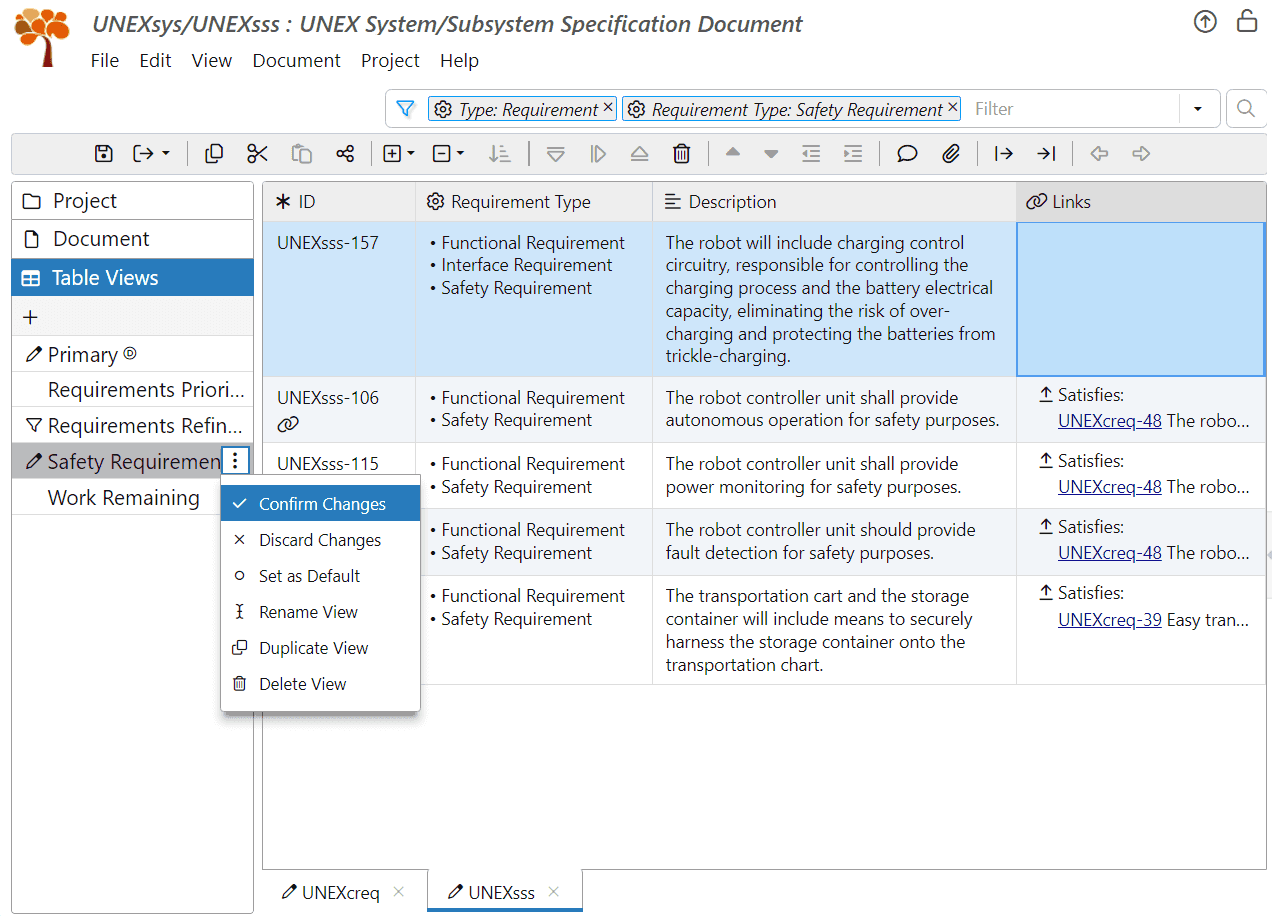 Filter UNEX system safety requirements in ReqView