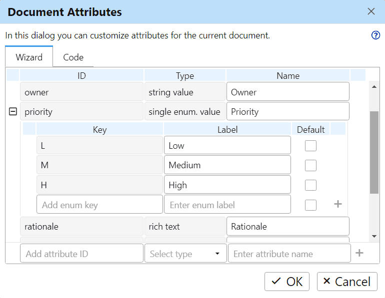 Custom Attributes dialog in ReqView Custom Attributes dialog in ReqView