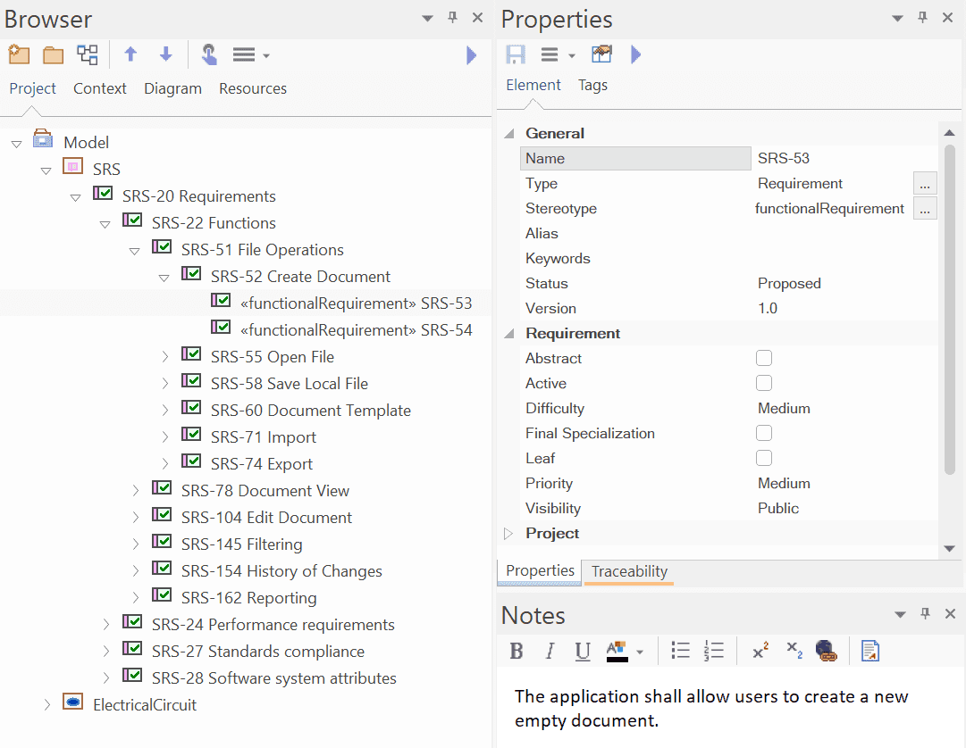Detailed view of an EA model element  exported from a functional requirement in ReqView
