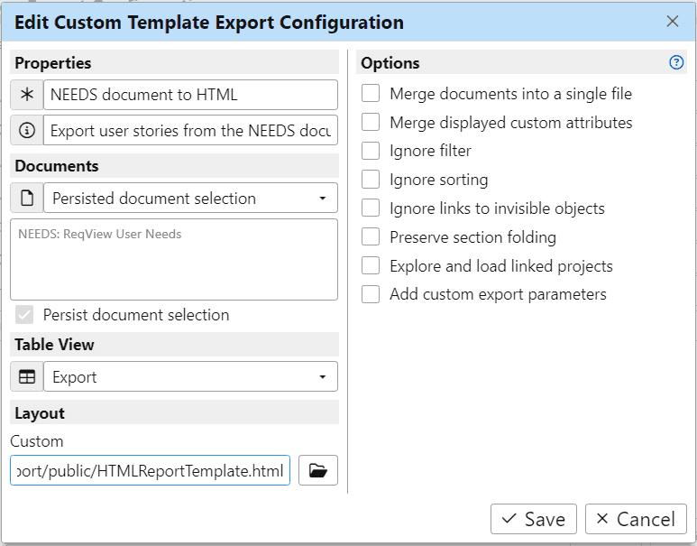 Edit export configuration in ReqView Edit export configuration in ReqView